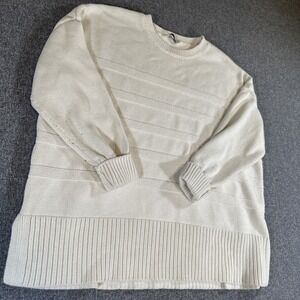 Denver Hayes XL Cream White Knit Sweater Ribbed Crewneck Striped